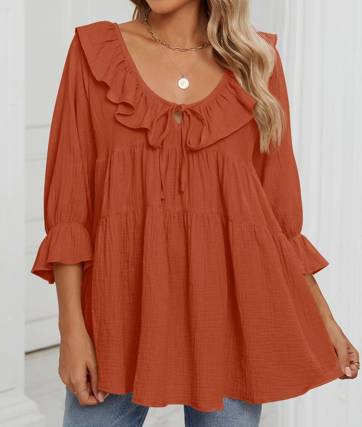 imageZESICA Womens Scoop Neck 34 Length Sleeve Tops 2026 Casual Tie Front Ruffle Tiered Loose Tunic Shirts Blouses Fall OutfitsOrange Red
