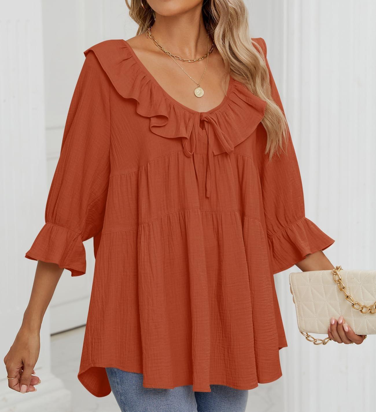 imageZESICA Womens Scoop Neck 34 Length Sleeve Tops 2026 Casual Tie Front Ruffle Tiered Loose Tunic Shirts Blouses Fall OutfitsOrange Red