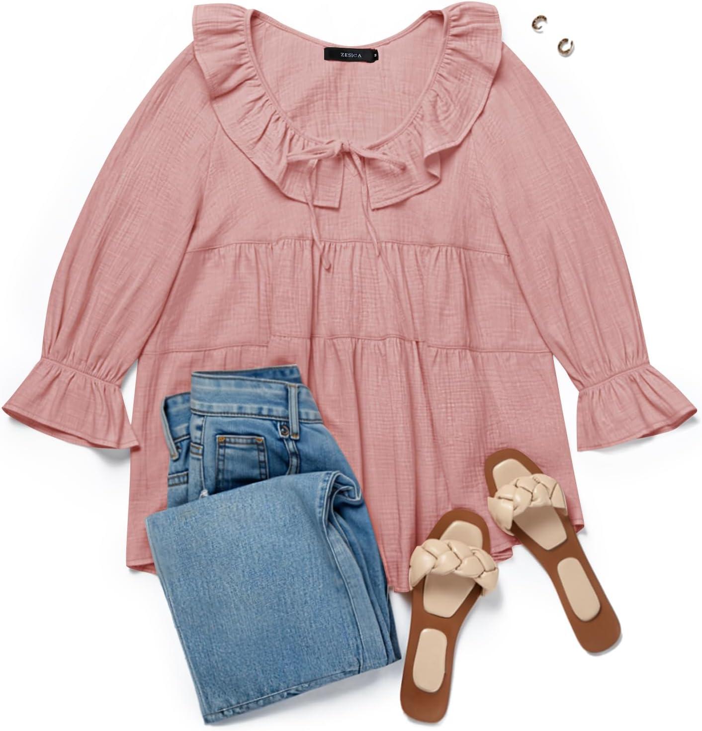 imageZESICA Womens Scoop Neck 34 Length Sleeve Tops 2026 Casual Tie Front Ruffle Tiered Loose Tunic Shirts Blouses Fall OutfitsPink