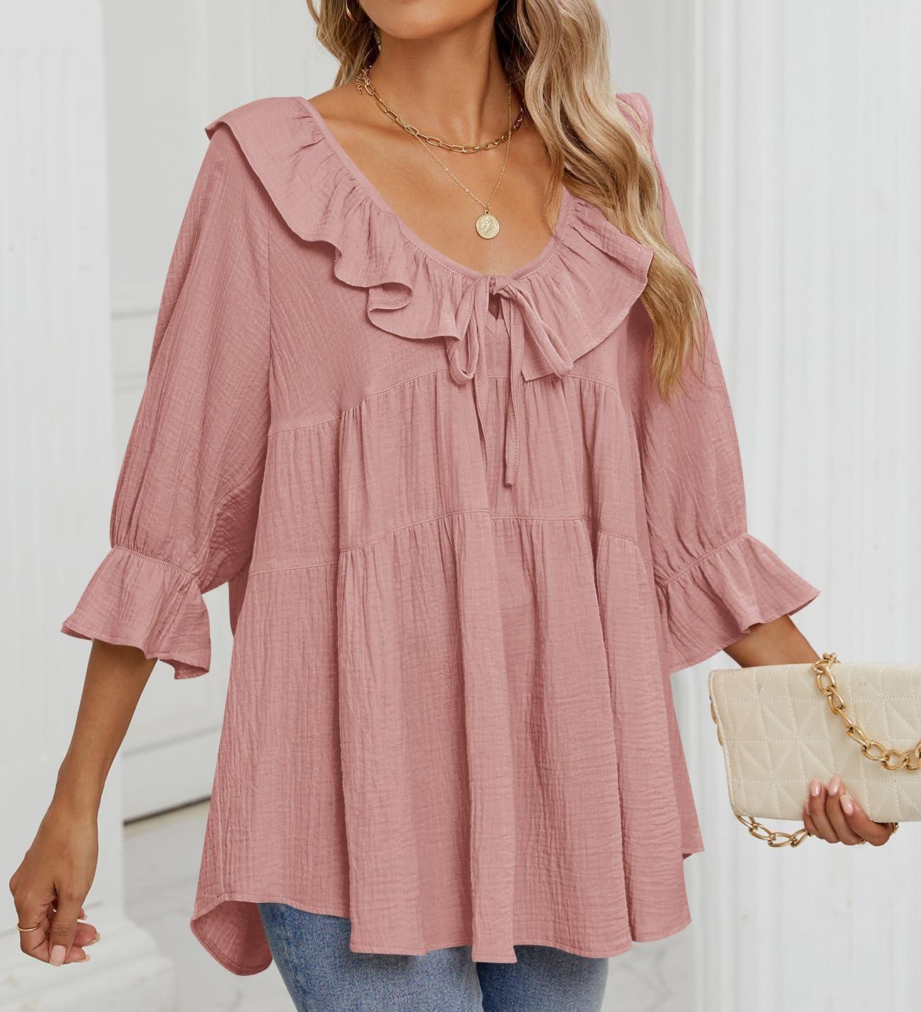imageZESICA Womens Scoop Neck 34 Length Sleeve Tops 2026 Casual Tie Front Ruffle Tiered Loose Tunic Shirts Blouses Fall OutfitsPink