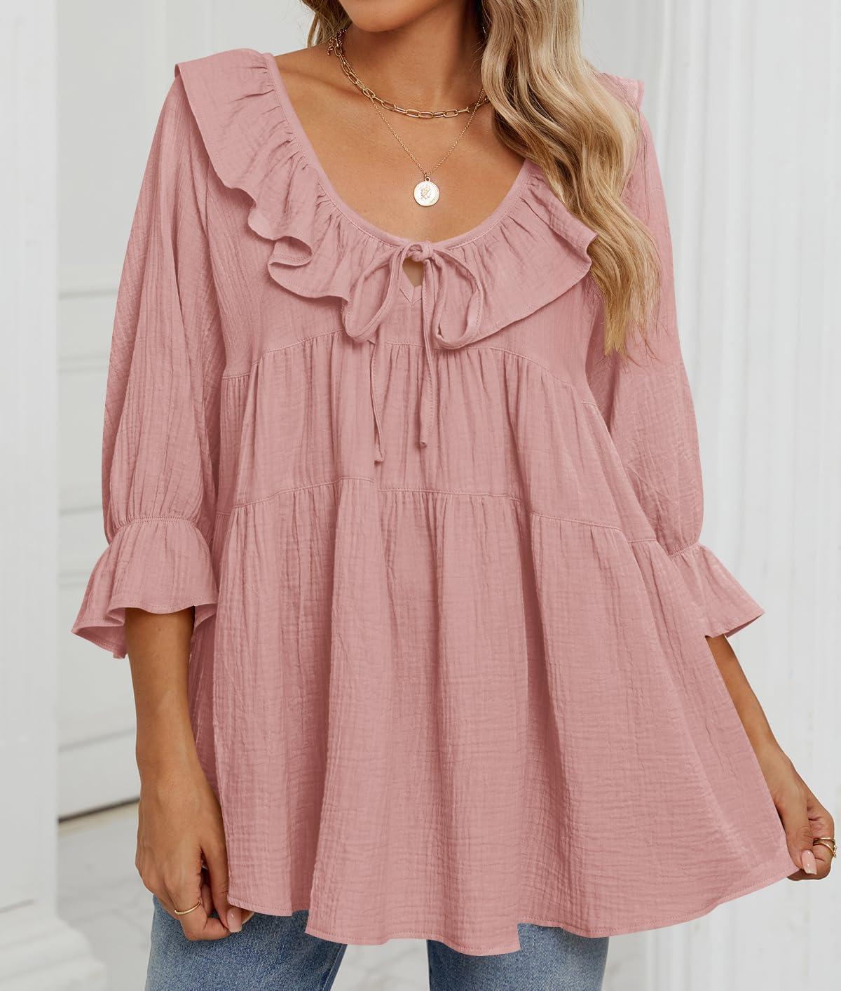 imageZESICA Womens Scoop Neck 34 Length Sleeve Tops 2026 Casual Tie Front Ruffle Tiered Loose Tunic Shirts Blouses Fall OutfitsPink