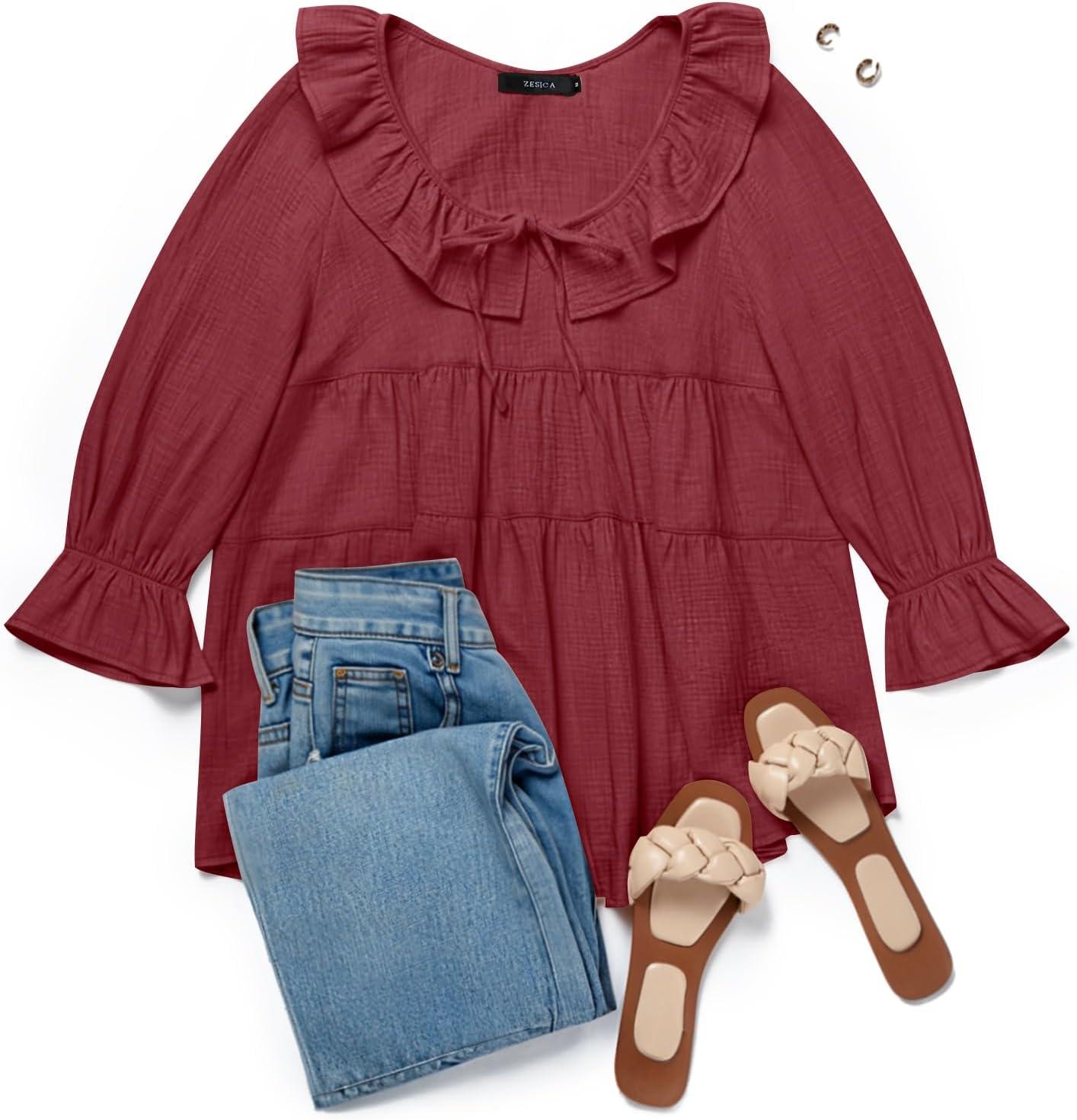 imageZESICA Womens Scoop Neck 34 Length Sleeve Tops 2026 Casual Tie Front Ruffle Tiered Loose Tunic Shirts Blouses Fall OutfitsWine Red