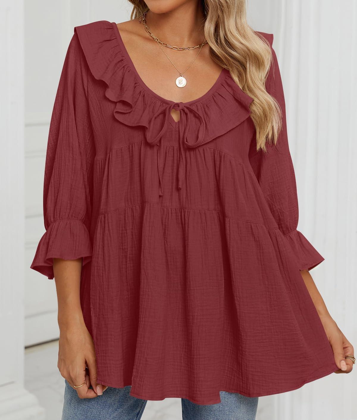 imageZESICA Womens Scoop Neck 34 Length Sleeve Tops 2026 Casual Tie Front Ruffle Tiered Loose Tunic Shirts Blouses Fall OutfitsWine Red