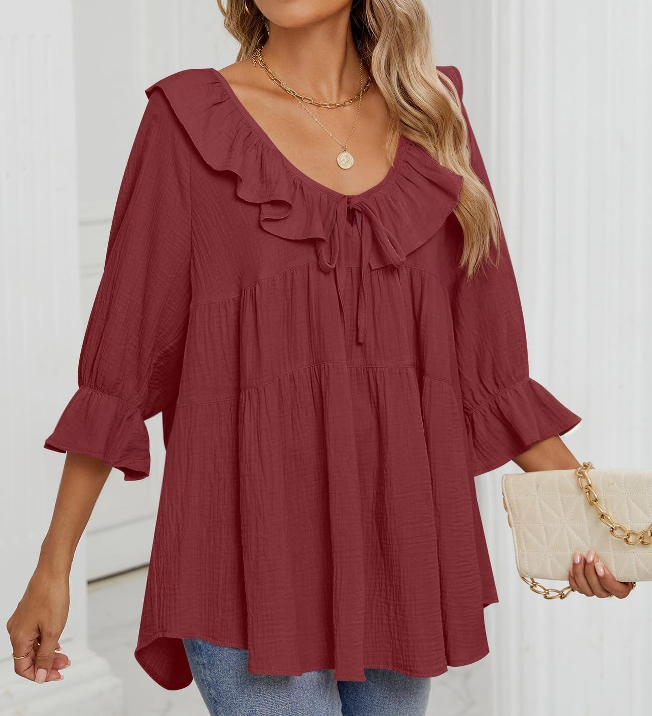 imageZESICA Womens Scoop Neck 34 Length Sleeve Tops 2026 Casual Tie Front Ruffle Tiered Loose Tunic Shirts Blouses Fall OutfitsWine Red