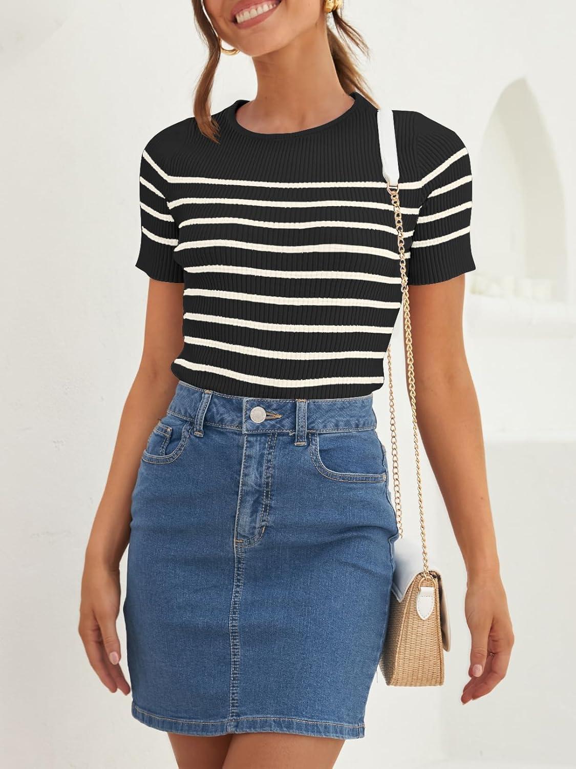 imageZESICA Womens Short Sleeve Crewneck Striped T Shirt 2026 Summer Ribbed Knit Slim Fit Casual Basic Tee TopsBlack