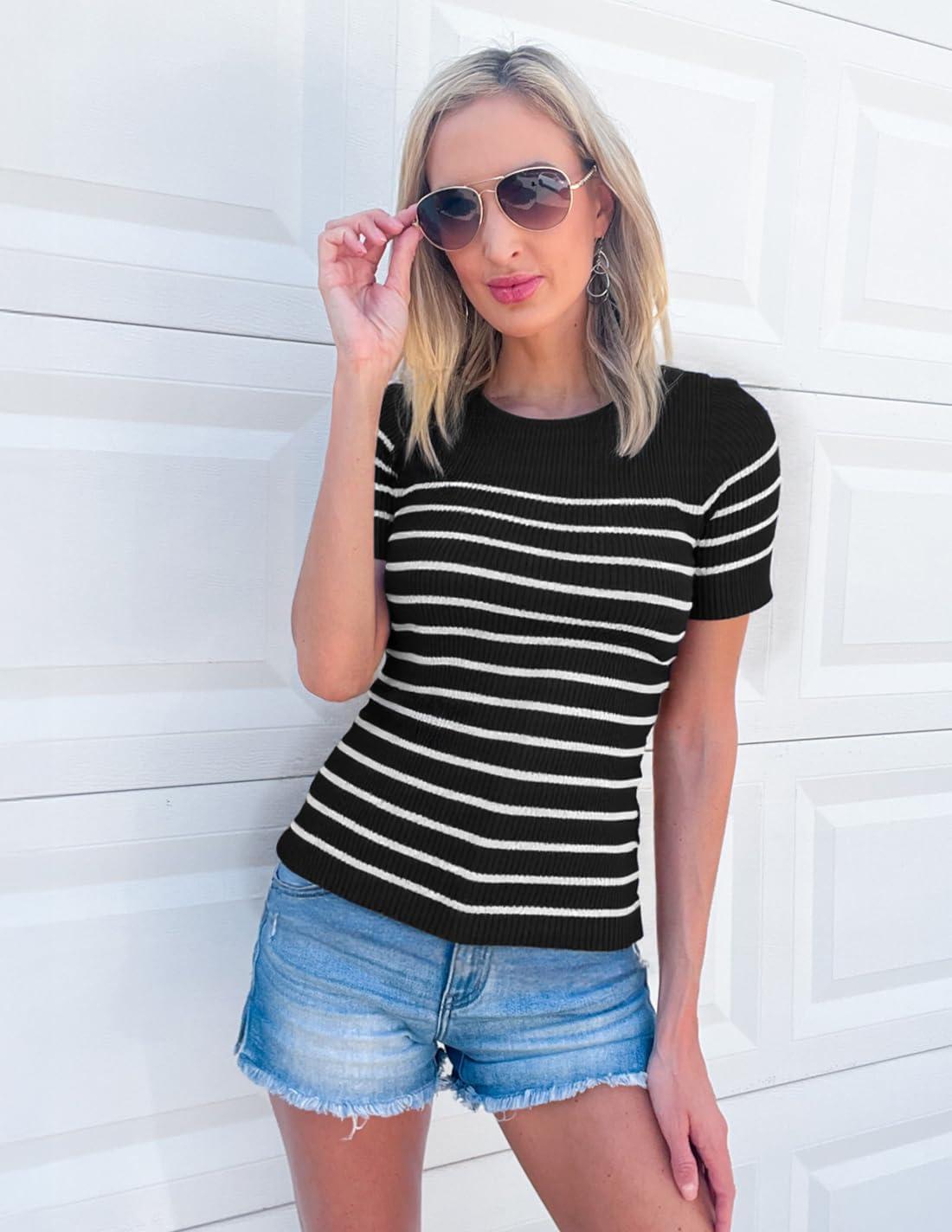 imageZESICA Womens Short Sleeve Crewneck Striped T Shirt 2026 Summer Ribbed Knit Slim Fit Casual Basic Tee TopsBlack