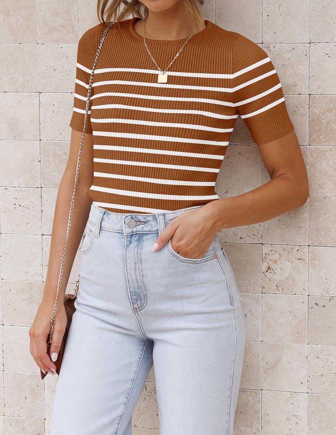 imageZESICA Womens Short Sleeve Crewneck Striped T Shirt 2026 Summer Ribbed Knit Slim Fit Casual Basic Tee TopsBrown
