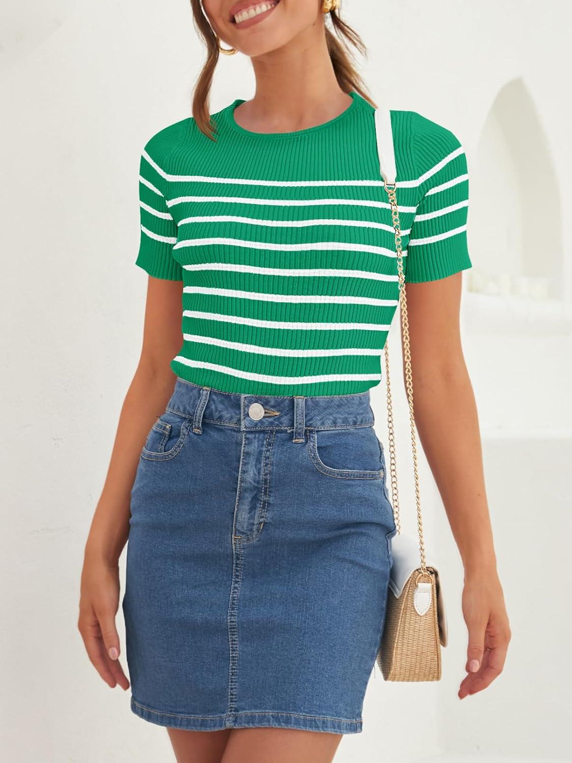 imageZESICA Womens Short Sleeve Crewneck Striped T Shirt 2026 Summer Ribbed Knit Slim Fit Casual Basic Tee TopsGreen