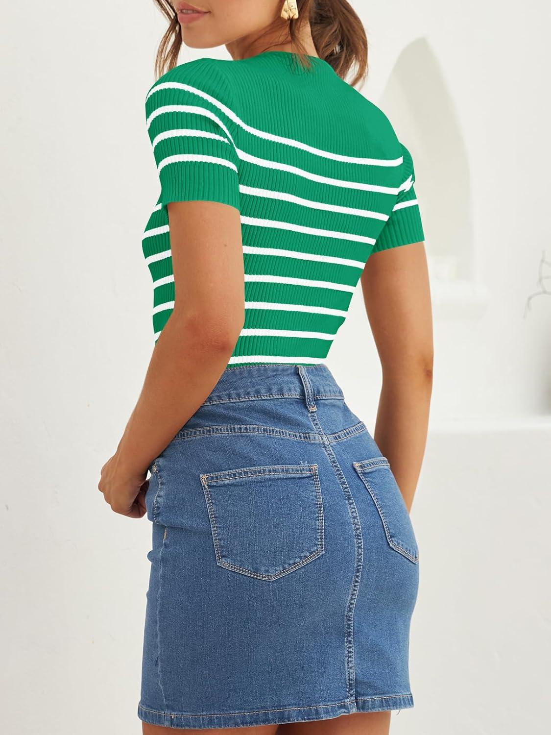 imageZESICA Womens Short Sleeve Crewneck Striped T Shirt 2026 Summer Ribbed Knit Slim Fit Casual Basic Tee TopsGreen