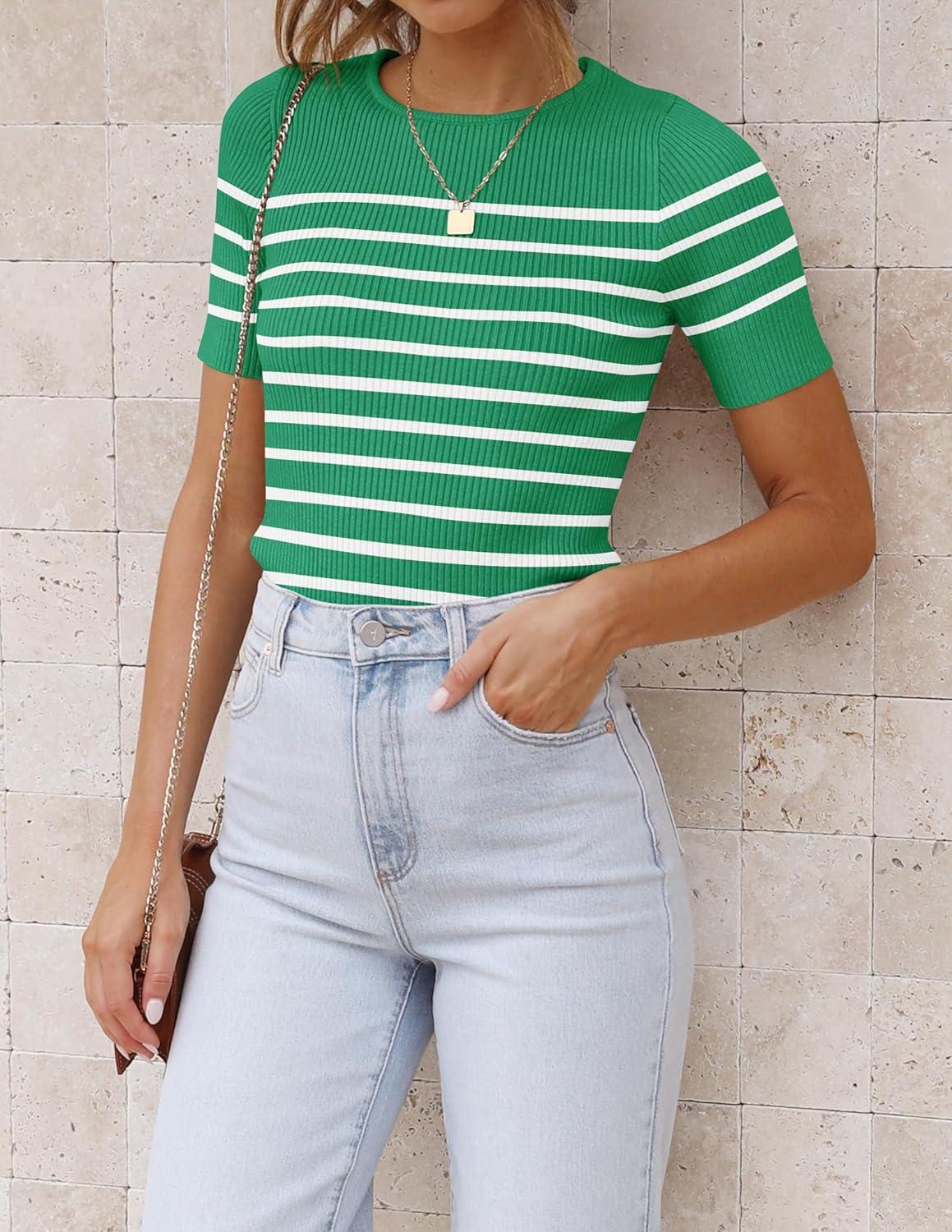 imageZESICA Womens Short Sleeve Crewneck Striped T Shirt 2026 Summer Ribbed Knit Slim Fit Casual Basic Tee TopsGreen