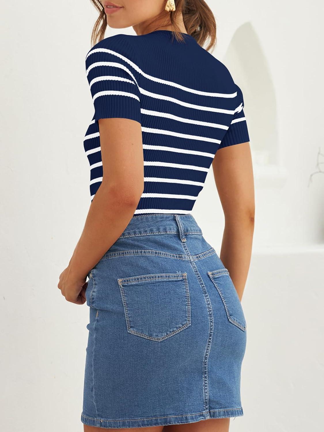 imageZESICA Womens Short Sleeve Crewneck Striped T Shirt 2026 Summer Ribbed Knit Slim Fit Casual Basic Tee TopsNavy