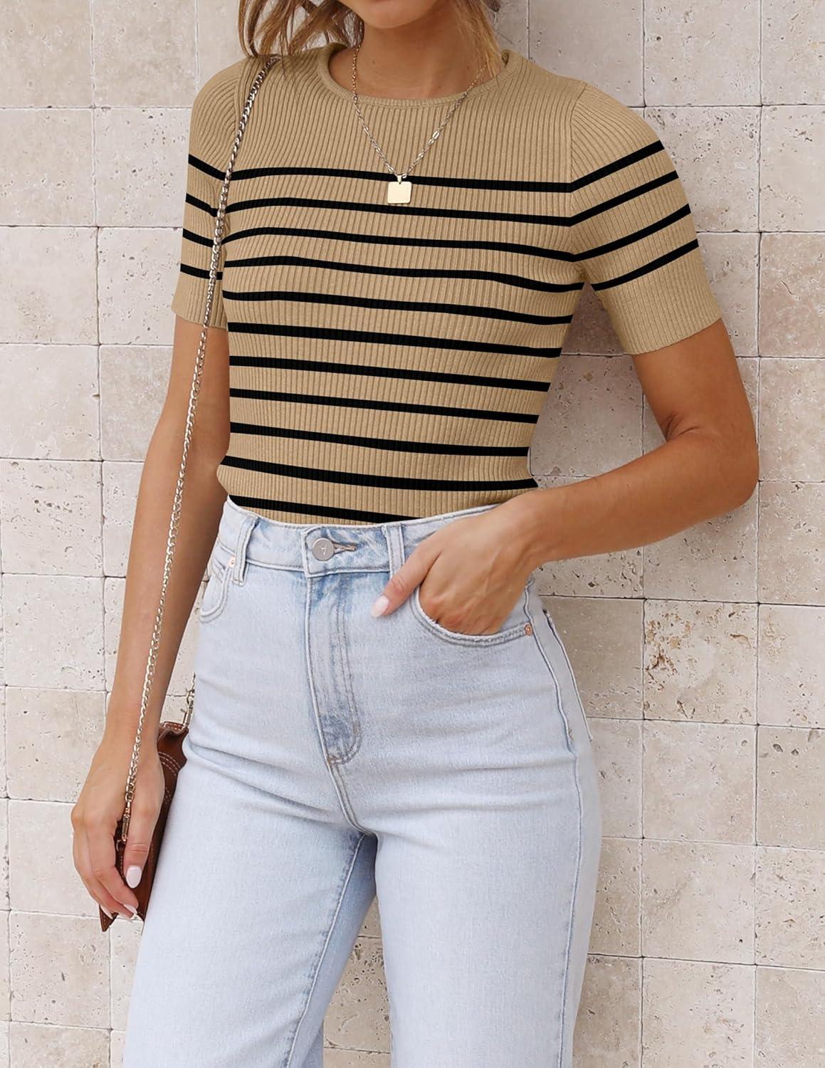 imageZESICA Womens Short Sleeve Crewneck Striped T Shirt 2026 Summer Ribbed Knit Slim Fit Casual Basic Tee TopsToffee