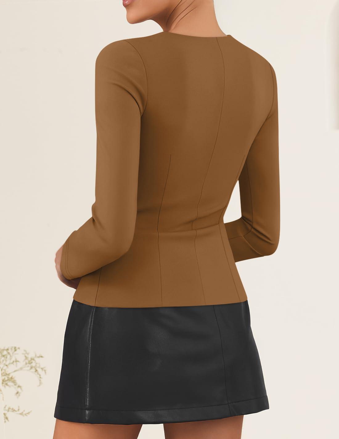 imageZESICA Womens Spring Square Neck Blazers 2026 Casual Long Sleeve Button Up Work Business Fitted Blazer JacketsGoldenbrown