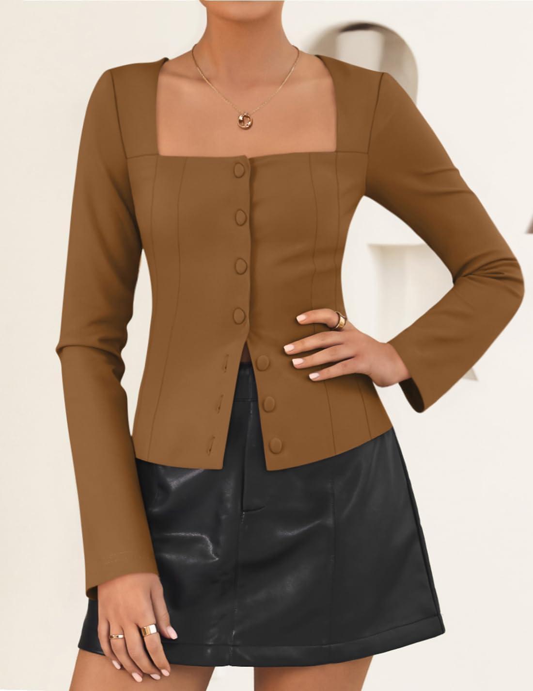 imageZESICA Womens Spring Square Neck Blazers 2026 Casual Long Sleeve Button Up Work Business Fitted Blazer JacketsGoldenbrown