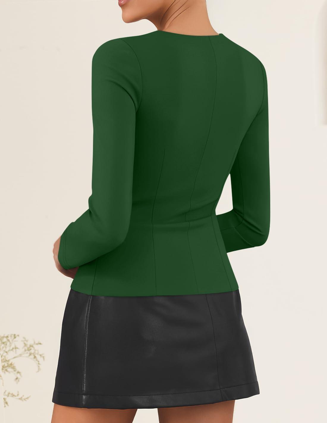 imageZESICA Womens Spring Square Neck Blazers 2026 Casual Long Sleeve Button Up Work Business Fitted Blazer JacketsGreen