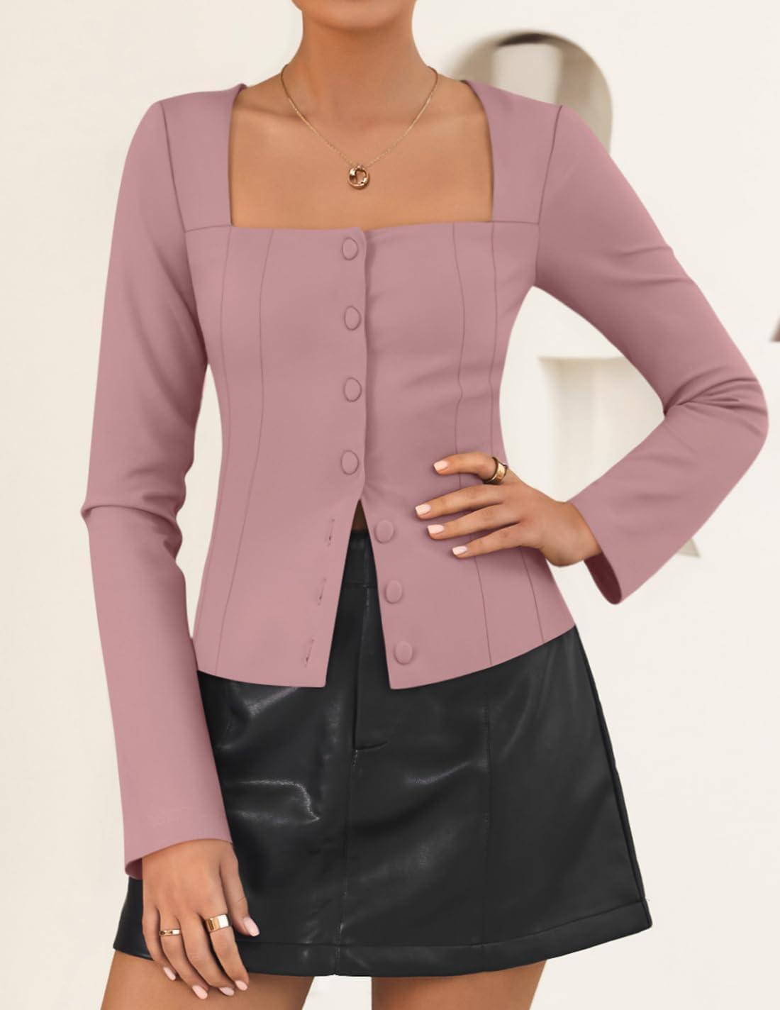 imageZESICA Womens Spring Square Neck Blazers 2026 Casual Long Sleeve Button Up Work Business Fitted Blazer JacketsPink