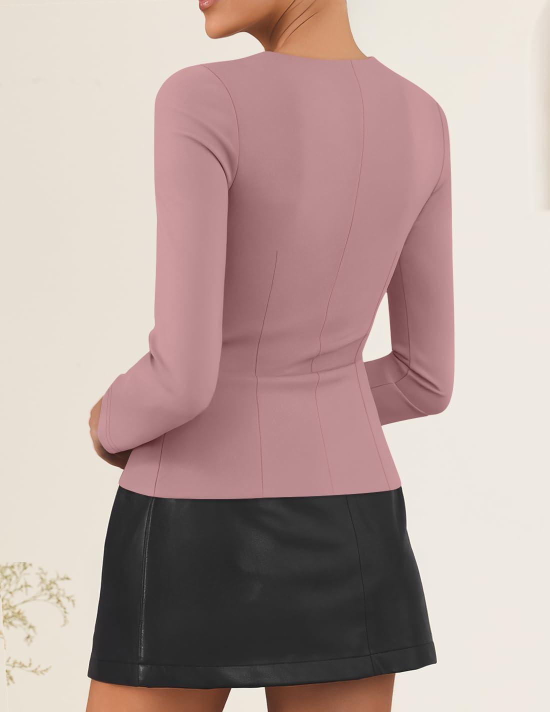 imageZESICA Womens Spring Square Neck Blazers 2026 Casual Long Sleeve Button Up Work Business Fitted Blazer JacketsPink