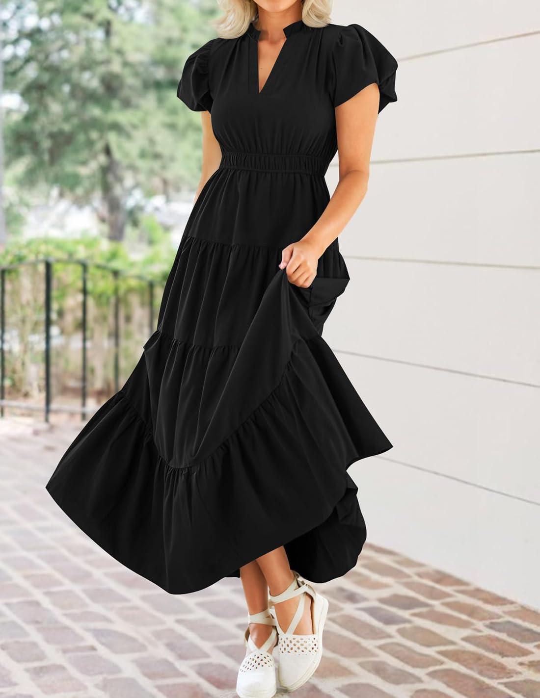 imageZESICA Womens Summer Casual Maxi Dress 2026 Puff Short Sleeve V Neck Ruffle Tiered Flowy Boho Beach DressesBlack