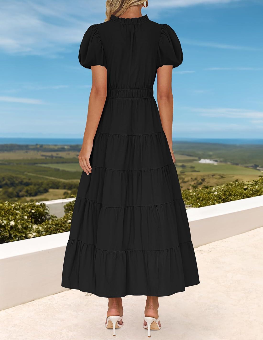 imageZESICA Womens Summer Casual Maxi Dress 2026 Puff Short Sleeve V Neck Ruffle Tiered Flowy Boho Beach DressesBlack