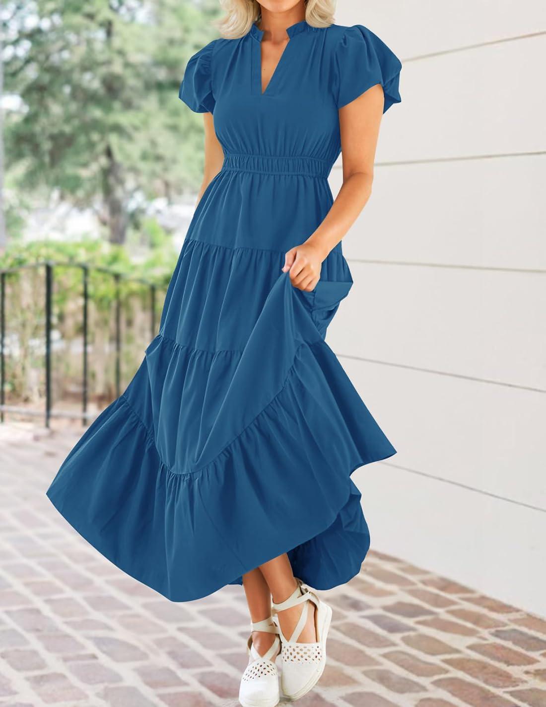 imageZESICA Womens Summer Casual Maxi Dress 2026 Puff Short Sleeve V Neck Ruffle Tiered Flowy Boho Beach DressesDarkblue