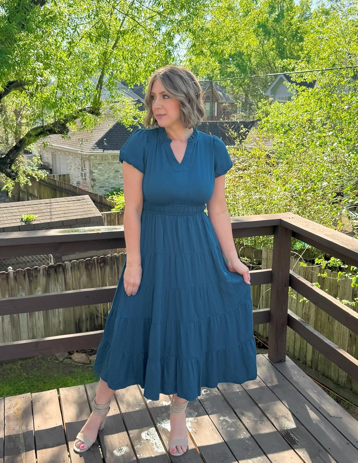 imageZESICA Womens Summer Casual Maxi Dress 2026 Puff Short Sleeve V Neck Ruffle Tiered Flowy Boho Beach DressesDarkblue