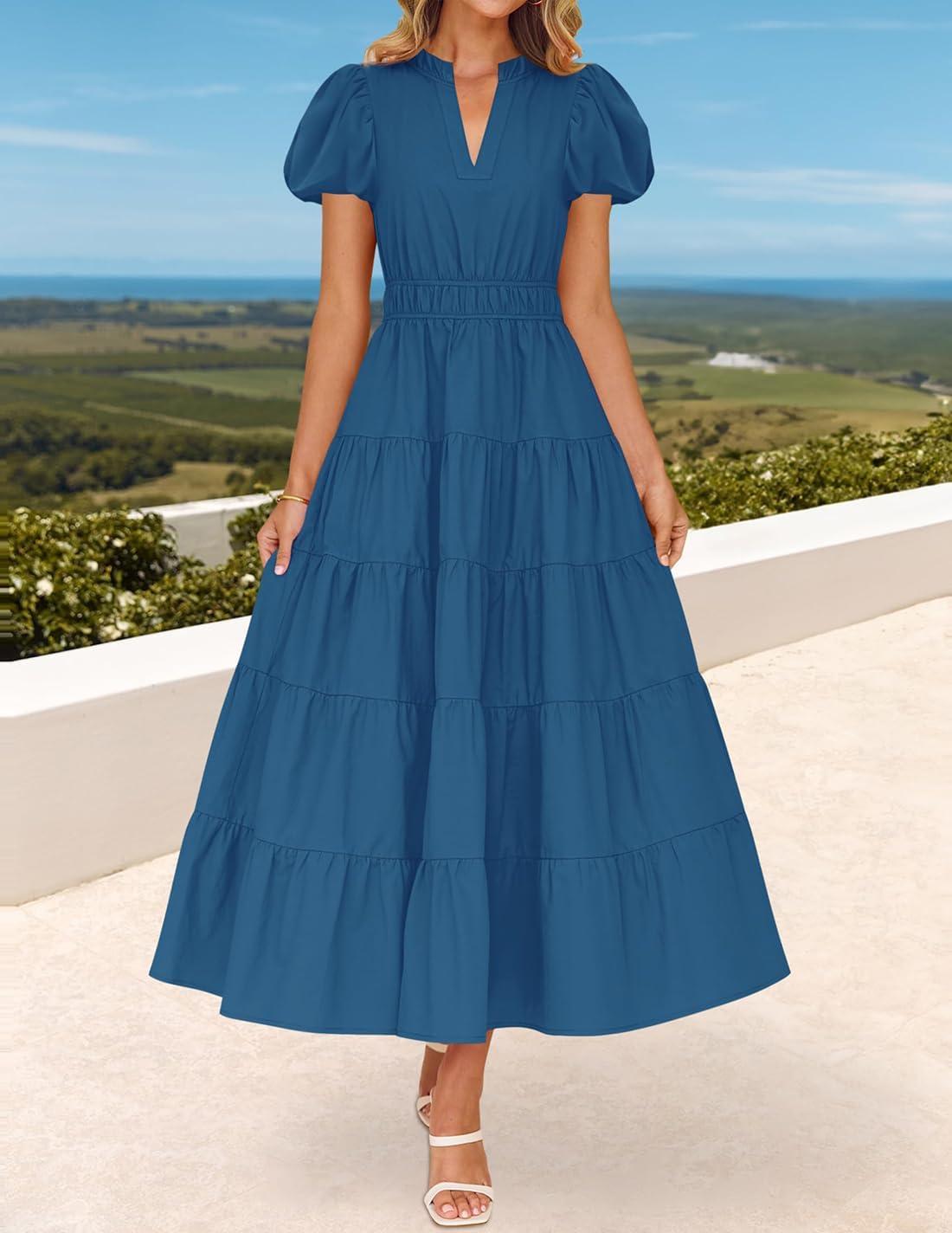 imageZESICA Womens Summer Casual Maxi Dress 2026 Puff Short Sleeve V Neck Ruffle Tiered Flowy Boho Beach DressesDarkblue