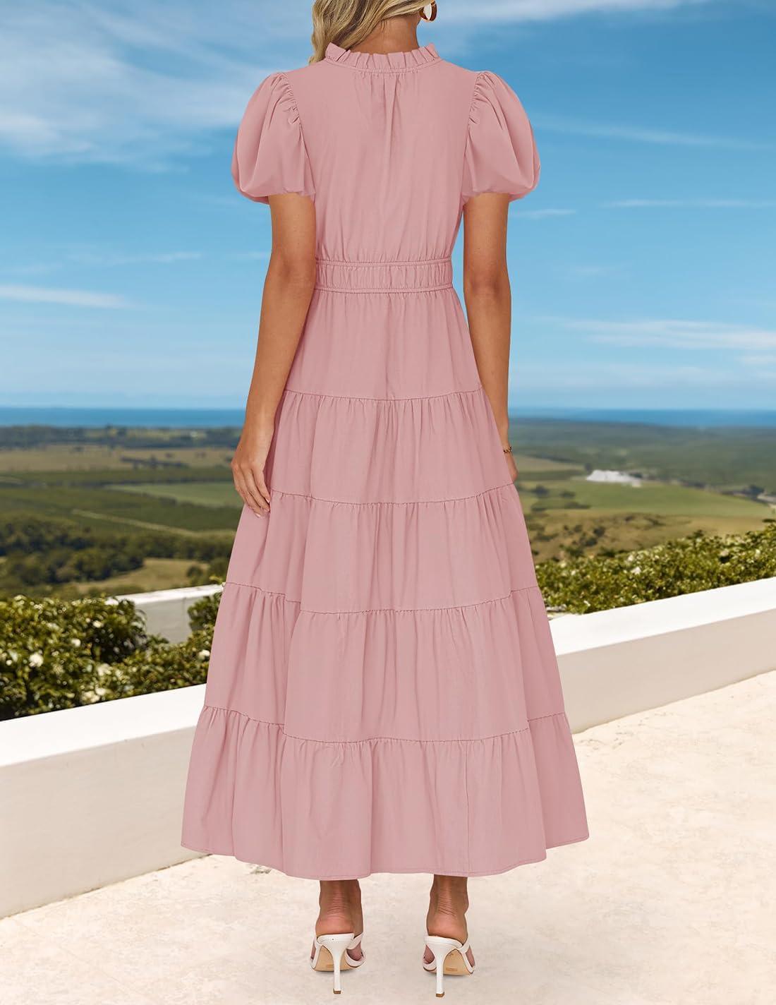 imageZESICA Womens Summer Casual Maxi Dress 2026 Puff Short Sleeve V Neck Ruffle Tiered Flowy Boho Beach DressesDustypink