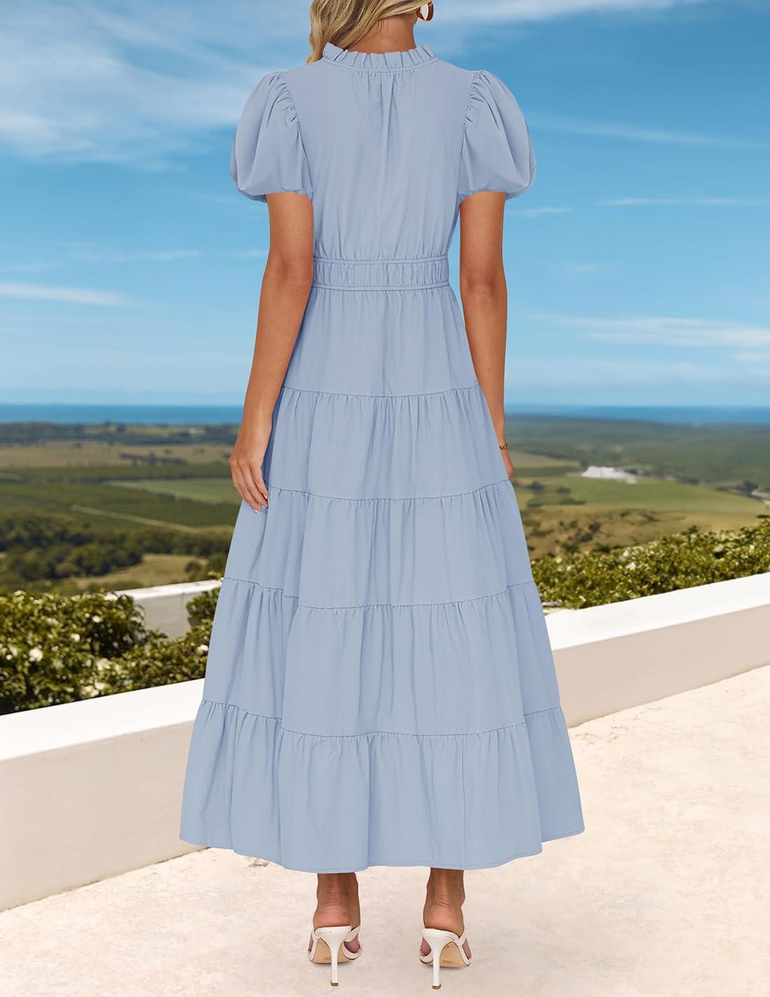 imageZESICA Womens Summer Casual Maxi Dress 2026 Puff Short Sleeve V Neck Ruffle Tiered Flowy Boho Beach DressesLightblue
