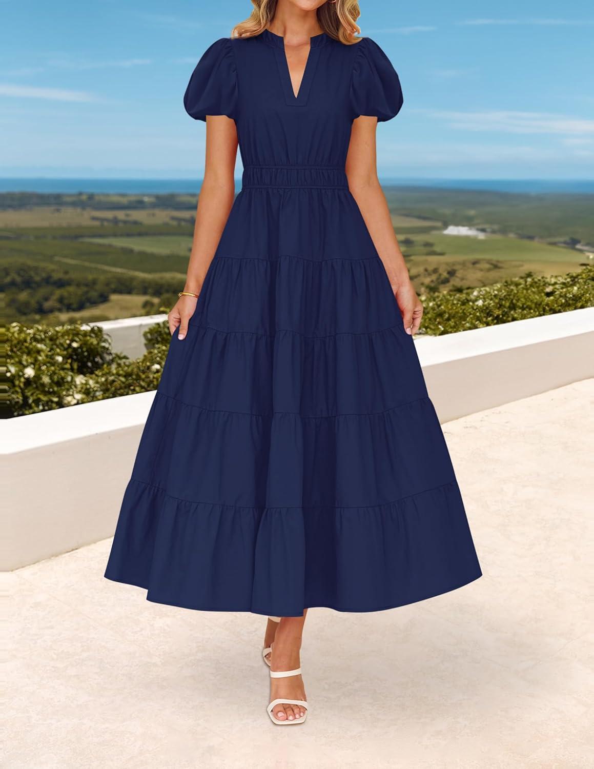 imageZESICA Womens Summer Casual Maxi Dress 2026 Puff Short Sleeve V Neck Ruffle Tiered Flowy Boho Beach DressesNavy