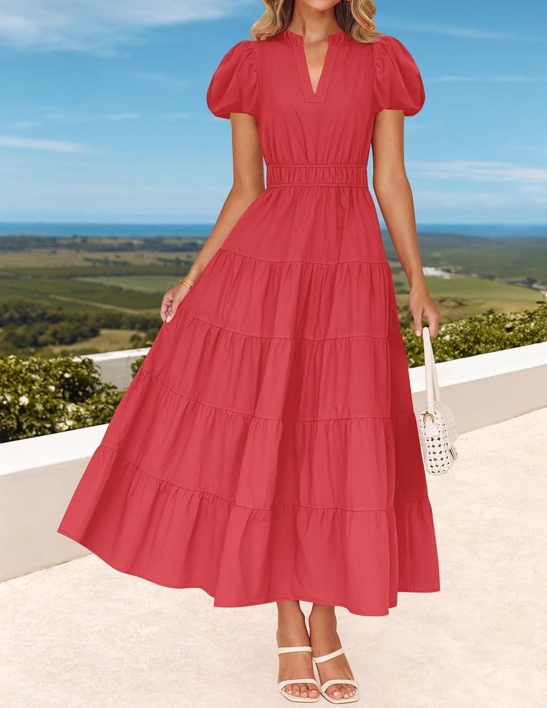 imageZESICA Womens Summer Casual Maxi Dress 2026 Puff Short Sleeve V Neck Ruffle Tiered Flowy Boho Beach DressesWatermelon