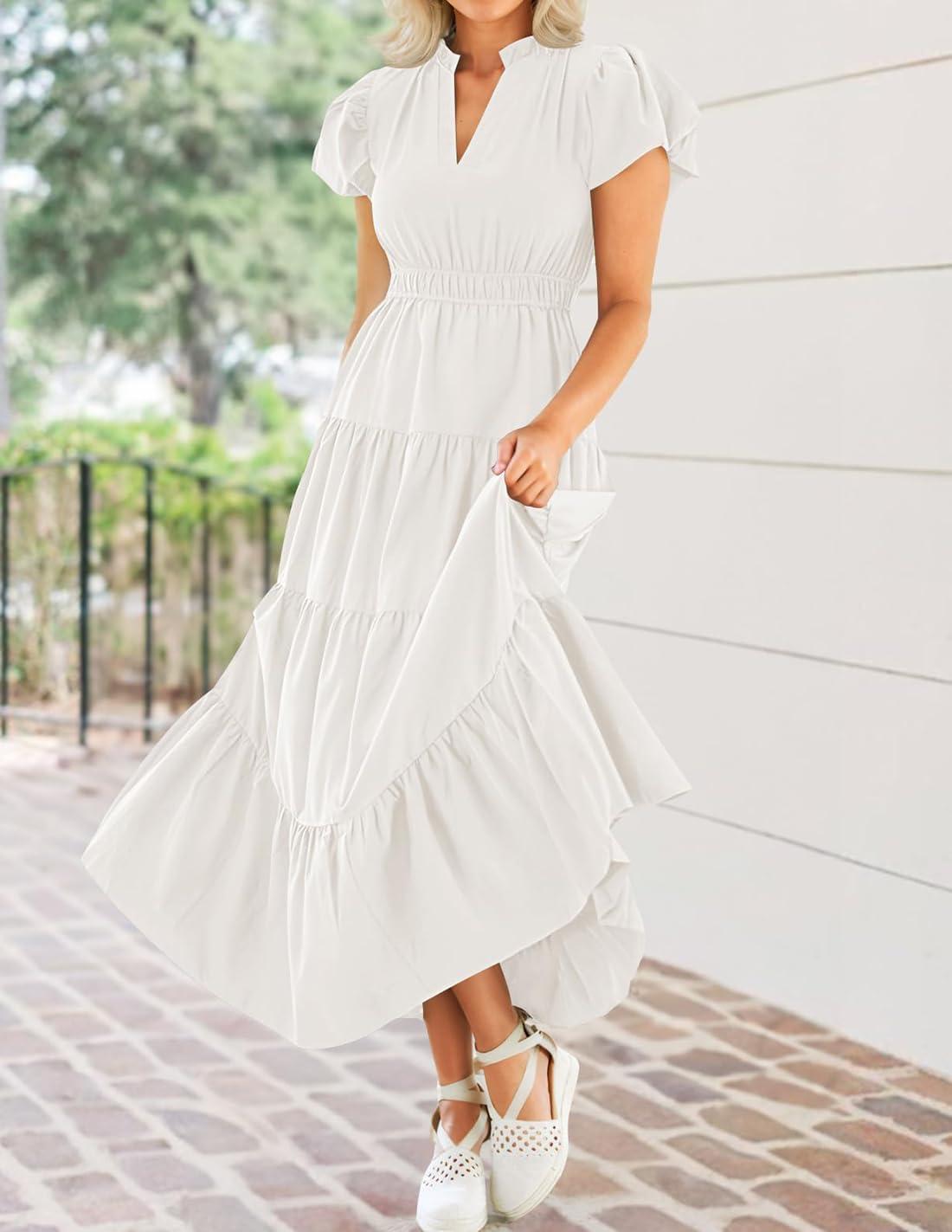 imageZESICA Womens Summer Casual Maxi Dress 2026 Puff Short Sleeve V Neck Ruffle Tiered Flowy Boho Beach DressesWhite
