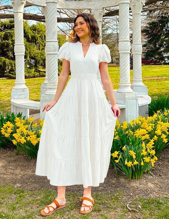 imageZESICA Womens Summer Casual Maxi Dress 2026 Puff Short Sleeve V Neck Ruffle Tiered Flowy Boho Beach DressesWhite