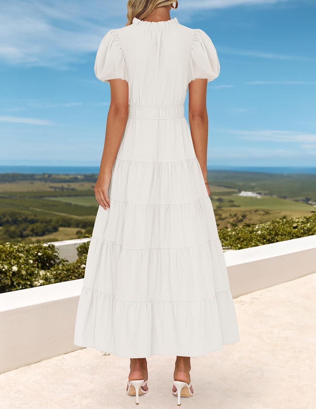 imageZESICA Womens Summer Casual Maxi Dress 2026 Puff Short Sleeve V Neck Ruffle Tiered Flowy Boho Beach DressesWhite