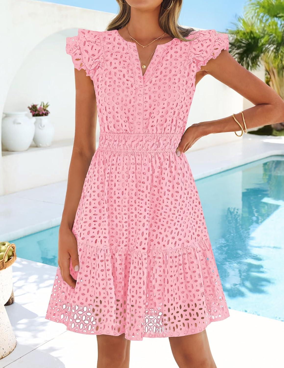 imageZESICA Womens Summer Flutter Short Sleeve Mini Dress 2026 V Neck Hollow Out Eyelet A Line Swing Beach Short SundressPink