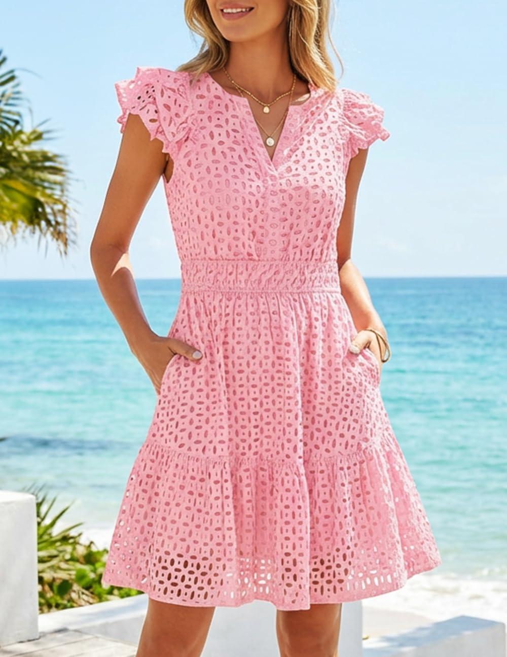 imageZESICA Womens Summer Flutter Short Sleeve Mini Dress 2026 V Neck Hollow Out Eyelet A Line Swing Beach Short SundressPink