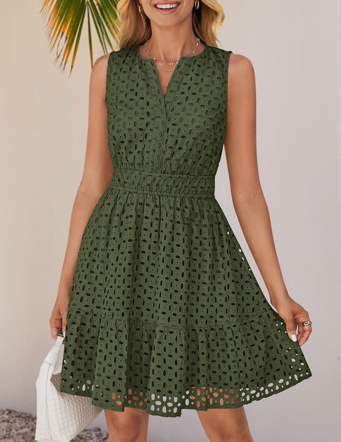 imageZESICA Womens Summer Sleeveless Mini Dress V Neck Hollow Out Eyelet Flowy A Line Beach Vacation Party Short DressesArmygreen