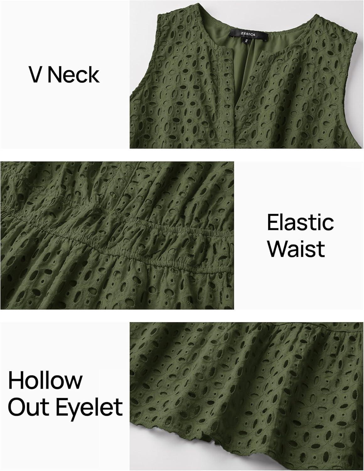imageZESICA Womens Summer Sleeveless Mini Dress V Neck Hollow Out Eyelet Flowy A Line Beach Vacation Party Short DressesArmygreen
