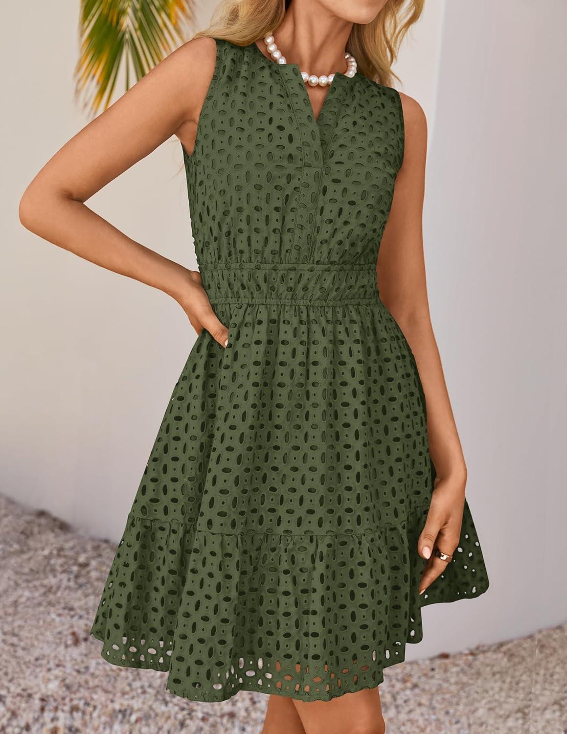 imageZESICA Womens Summer Sleeveless Mini Dress V Neck Hollow Out Eyelet Flowy A Line Beach Vacation Party Short DressesArmygreen
