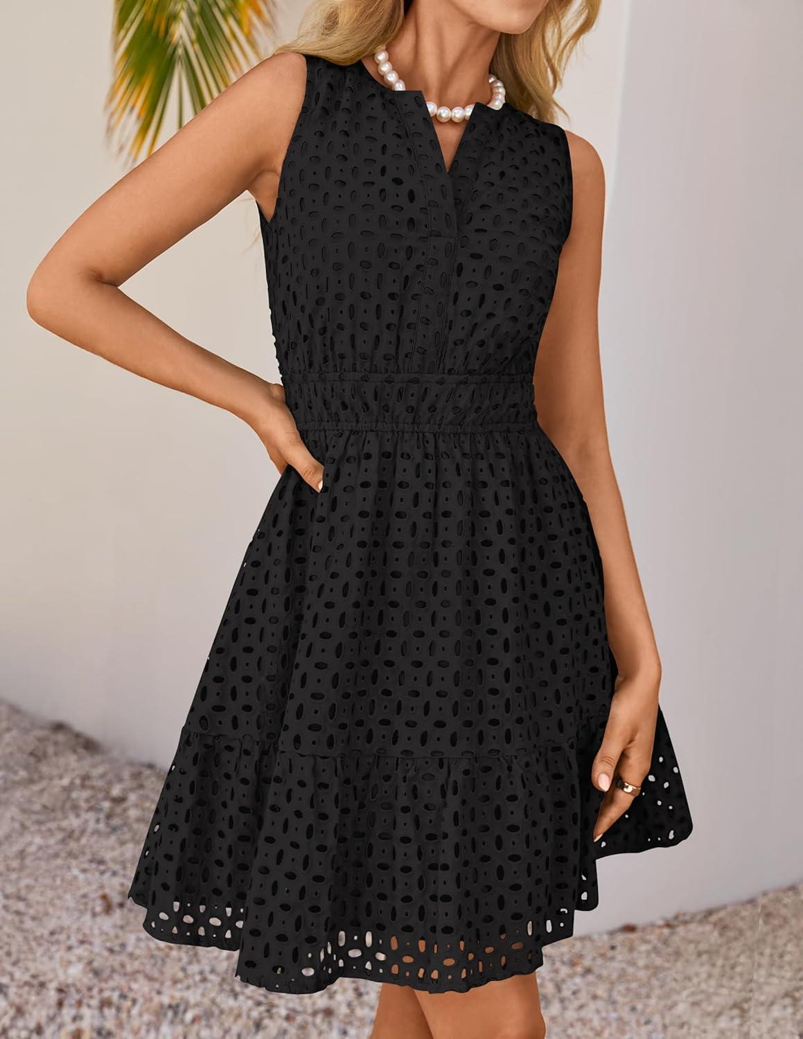 imageZESICA Womens Summer Sleeveless Mini Dress V Neck Hollow Out Eyelet Flowy A Line Beach Vacation Party Short DressesBlack