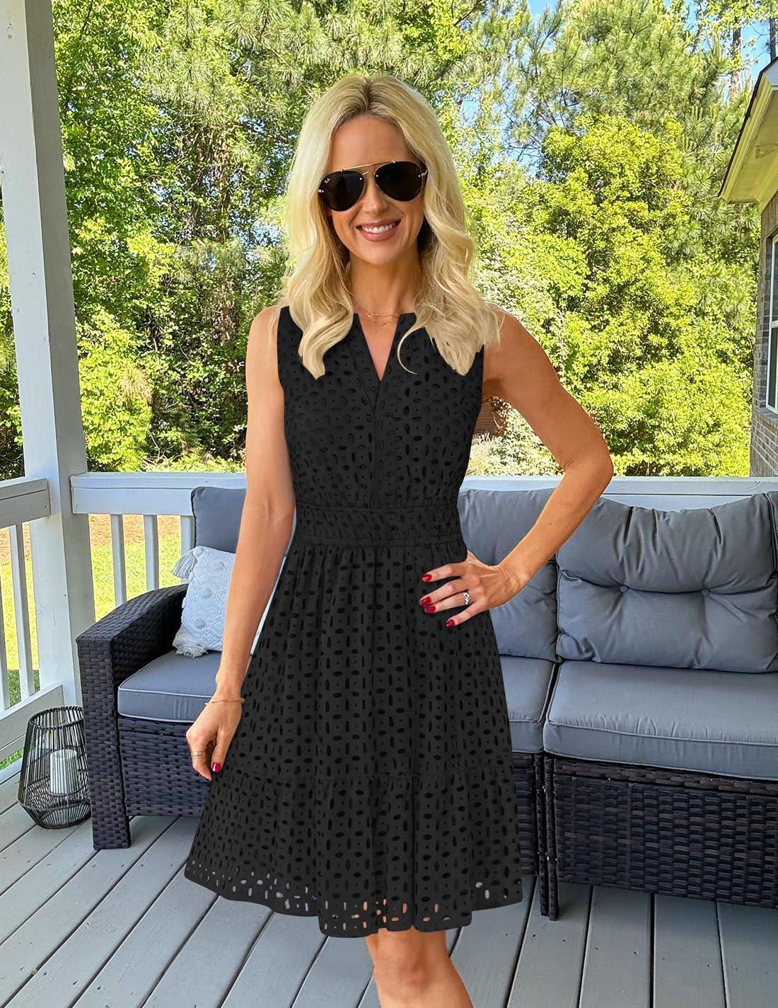 imageZESICA Womens Summer Sleeveless Mini Dress V Neck Hollow Out Eyelet Flowy A Line Beach Vacation Party Short DressesBlack