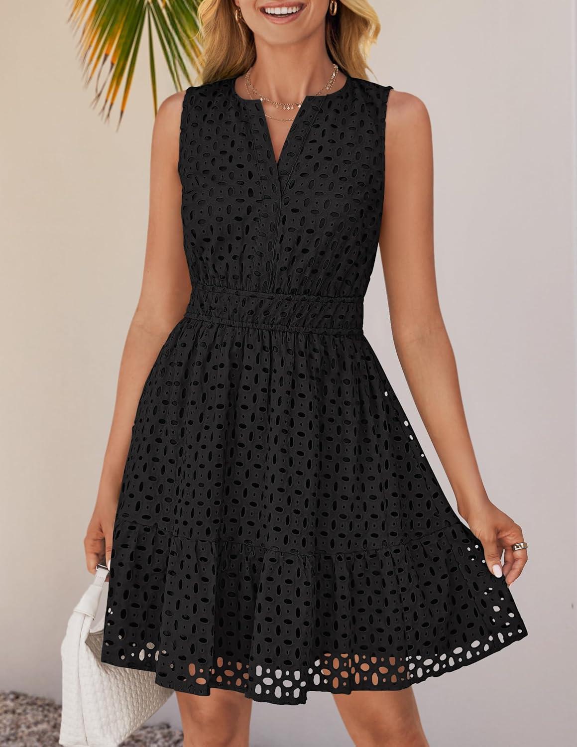 imageZESICA Womens Summer Sleeveless Mini Dress V Neck Hollow Out Eyelet Flowy A Line Beach Vacation Party Short DressesBlack