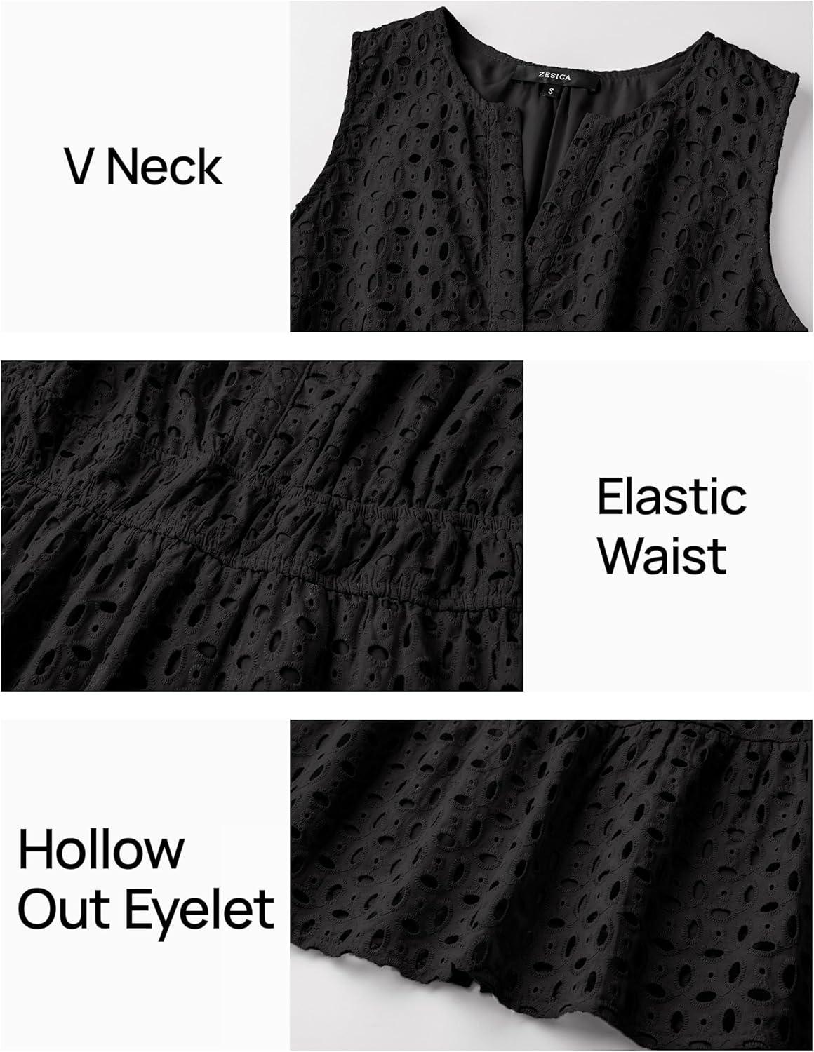 imageZESICA Womens Summer Sleeveless Mini Dress V Neck Hollow Out Eyelet Flowy A Line Beach Vacation Party Short DressesBlack