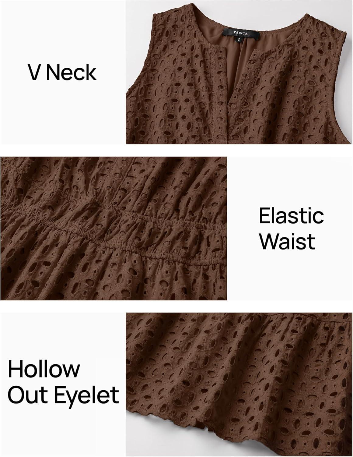imageZESICA Womens Summer Sleeveless Mini Dress V Neck Hollow Out Eyelet Flowy A Line Beach Vacation Party Short DressesCoffee