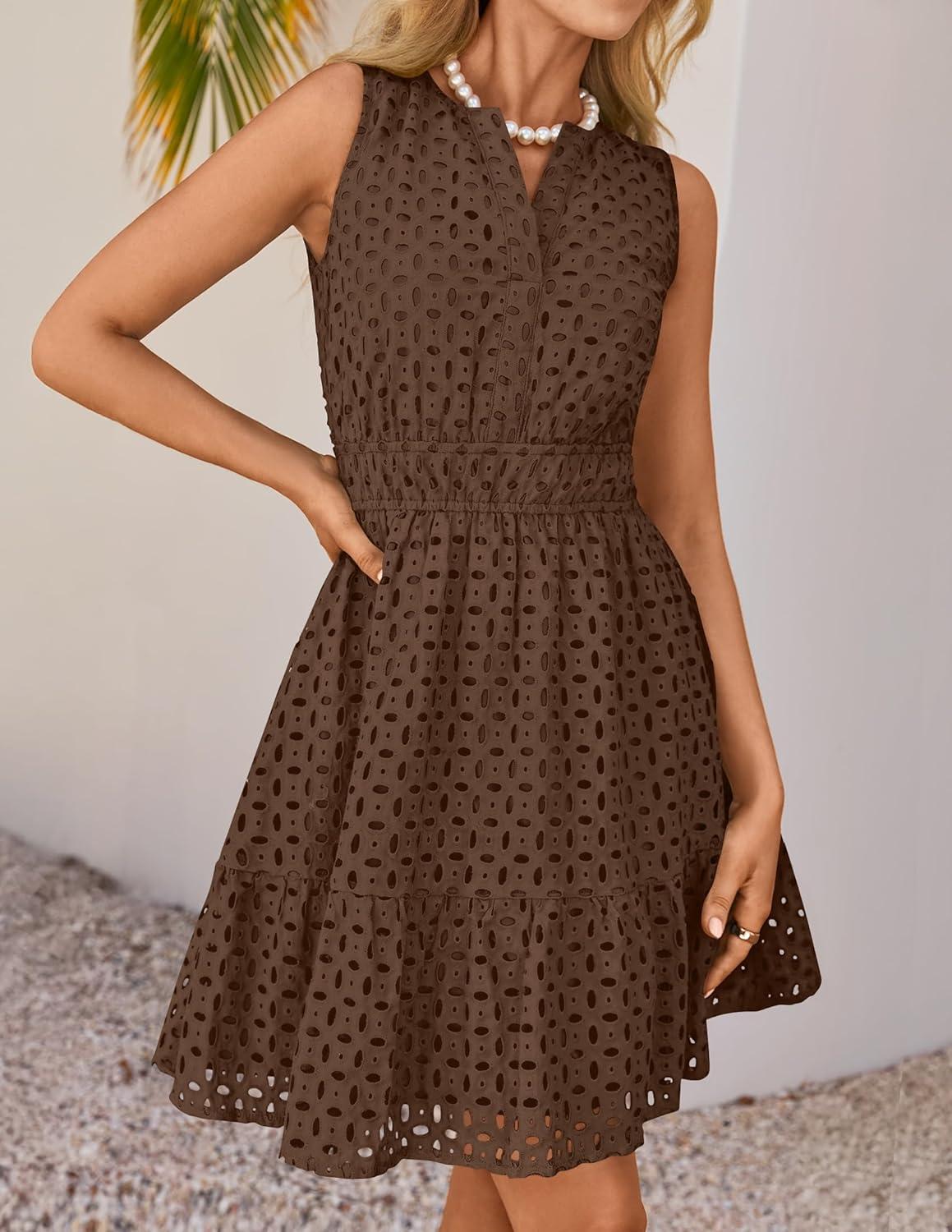 imageZESICA Womens Summer Sleeveless Mini Dress V Neck Hollow Out Eyelet Flowy A Line Beach Vacation Party Short DressesCoffee