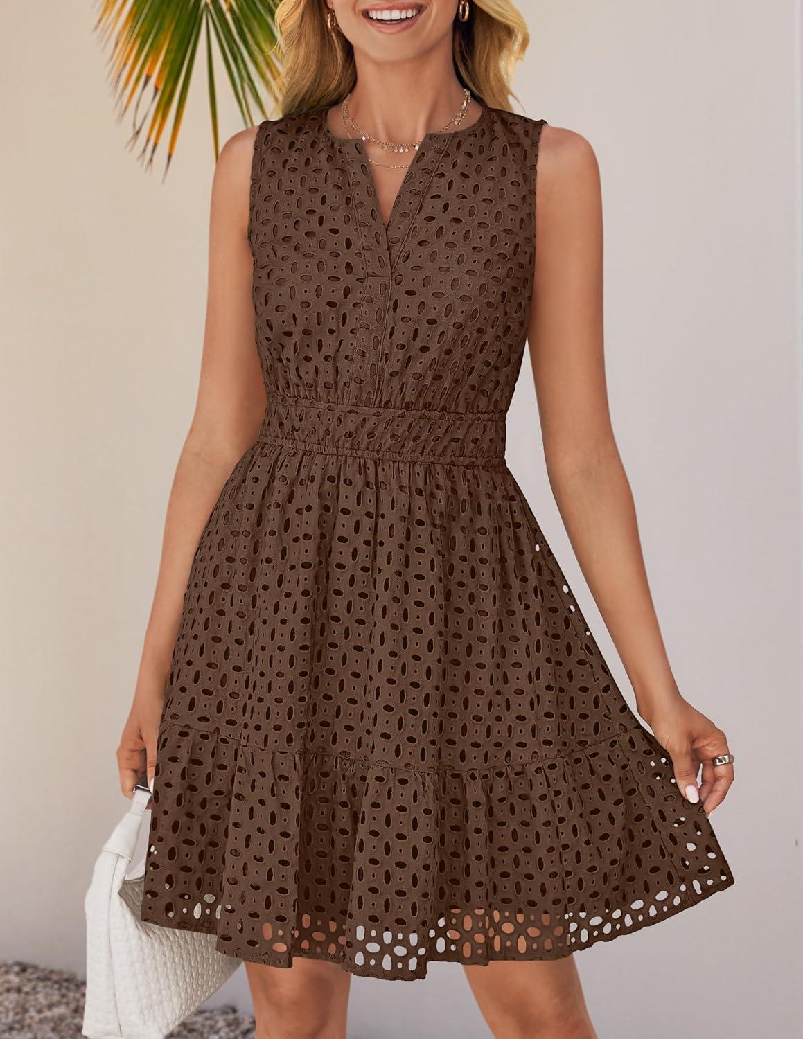 imageZESICA Womens Summer Sleeveless Mini Dress V Neck Hollow Out Eyelet Flowy A Line Beach Vacation Party Short DressesCoffee