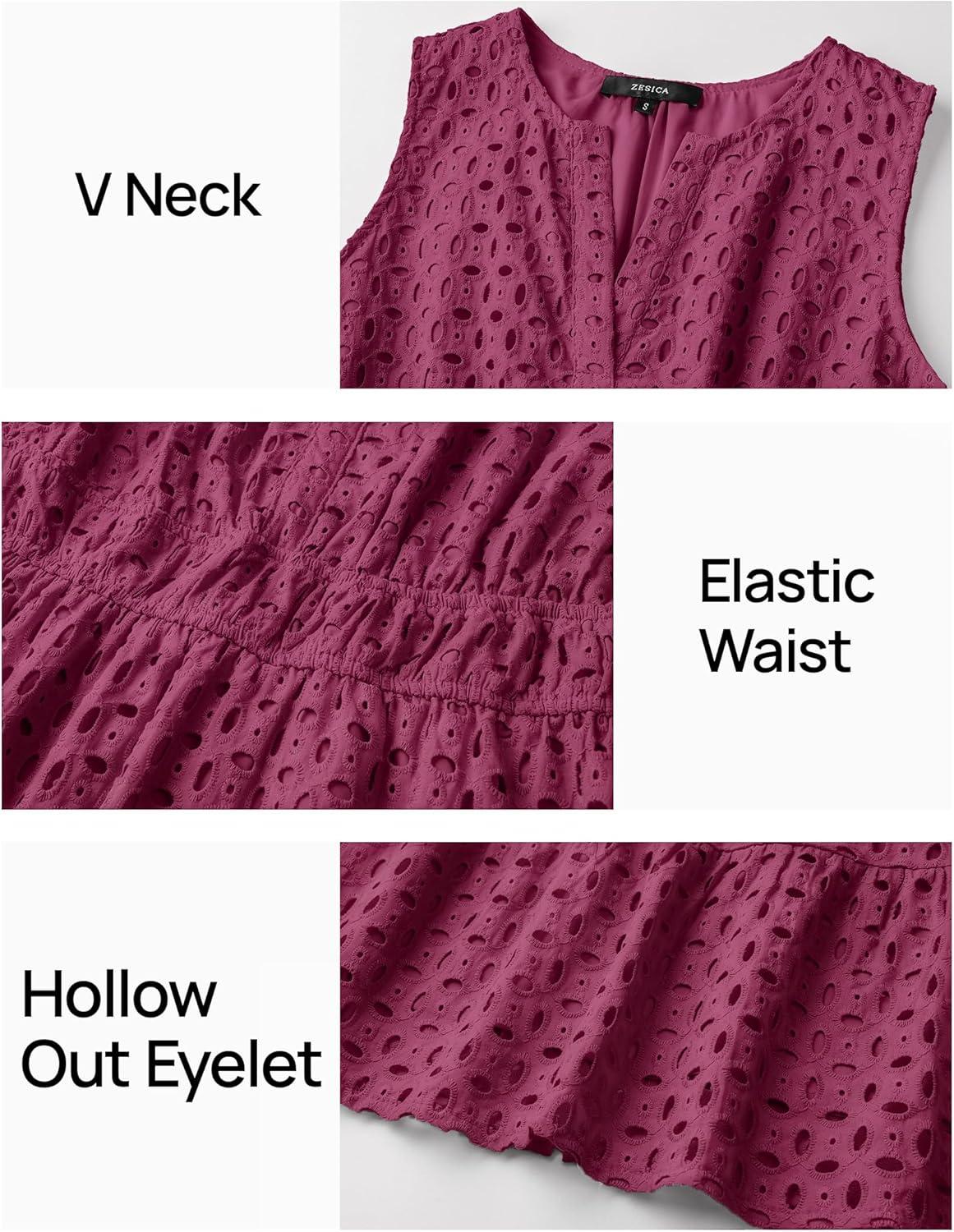 imageZESICA Womens Summer Sleeveless Mini Dress V Neck Hollow Out Eyelet Flowy A Line Beach Vacation Party Short DressesFuchsia