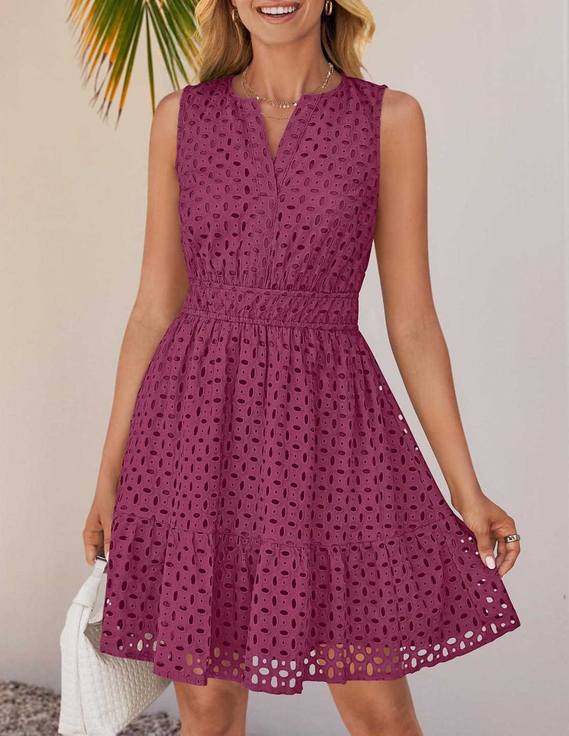 imageZESICA Womens Summer Sleeveless Mini Dress V Neck Hollow Out Eyelet Flowy A Line Beach Vacation Party Short DressesFuchsia