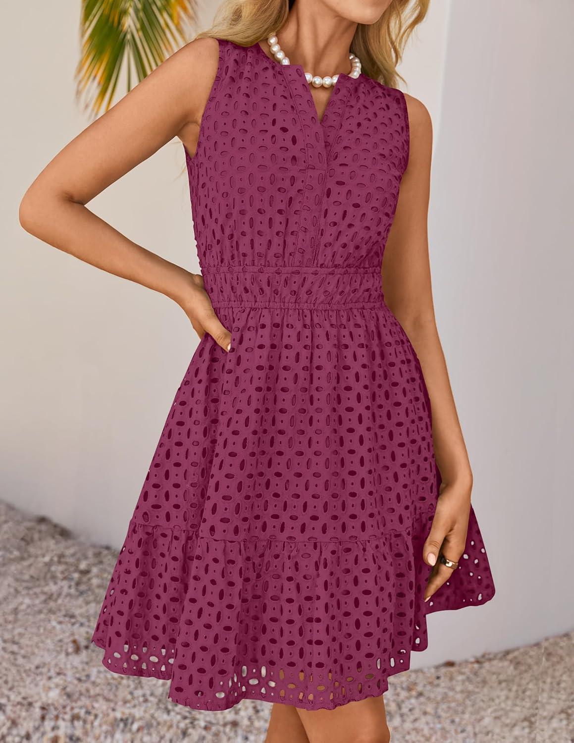 imageZESICA Womens Summer Sleeveless Mini Dress V Neck Hollow Out Eyelet Flowy A Line Beach Vacation Party Short DressesFuchsia
