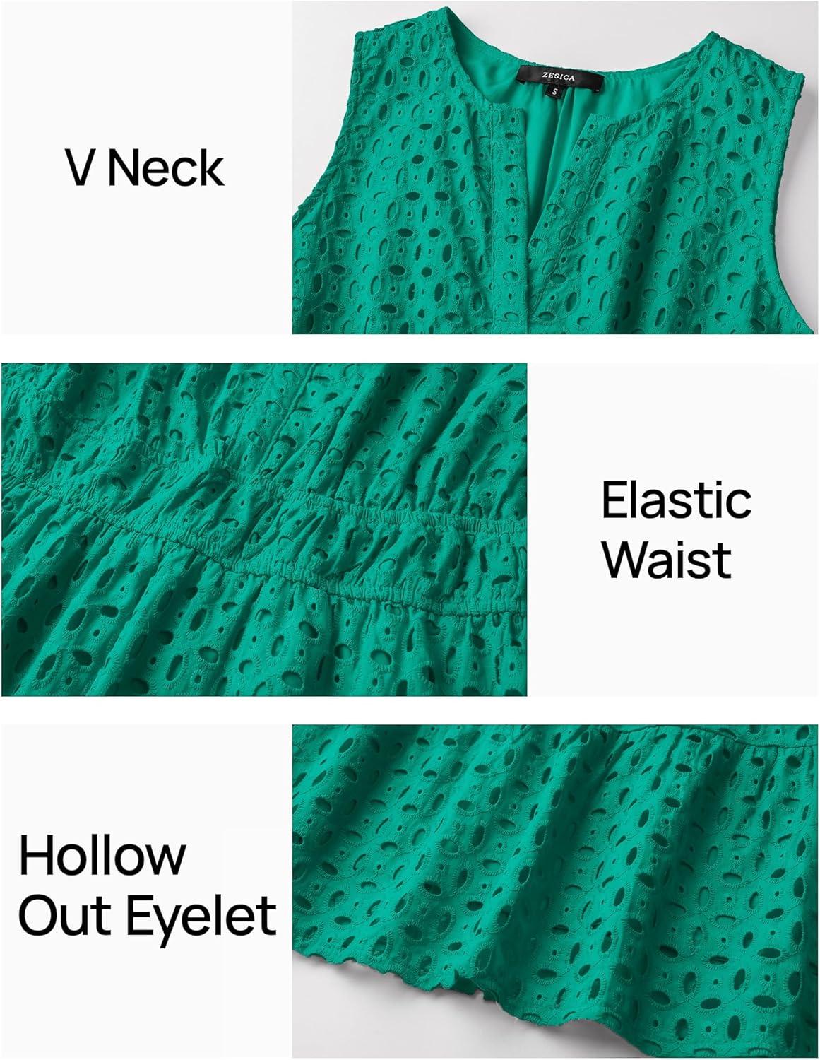 imageZESICA Womens Summer Sleeveless Mini Dress V Neck Hollow Out Eyelet Flowy A Line Beach Vacation Party Short DressesGreen