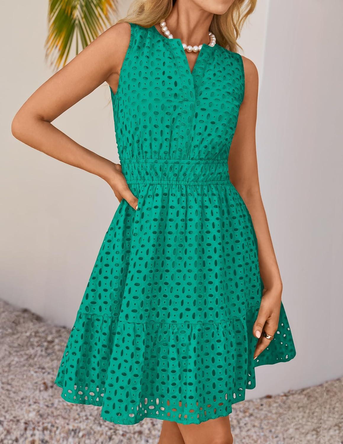 imageZESICA Womens Summer Sleeveless Mini Dress V Neck Hollow Out Eyelet Flowy A Line Beach Vacation Party Short DressesGreen